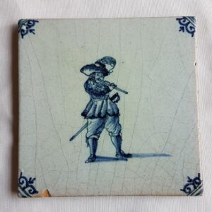 Antique Delft Wall Tile Minstrel / Musician blue white delftware