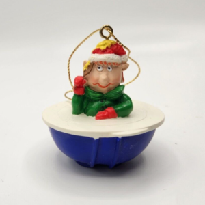 Tupperware Remarkabowl Elf Holiday ornament, Elf in lidded blue bowl Christmas