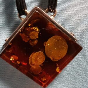 Genuine Baltic Amber Large Square Pendant with Sterling Silver and Leather Chain, Honey Color