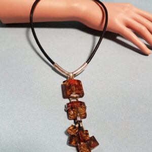 Genuine Amber Necklace in Sterling Silver and Cord, Funky Design