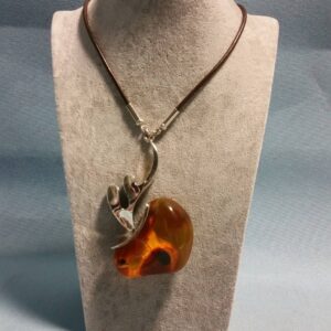 Genuine Baltic Amber Large Pendant in Sterling Silver and Leather Cord