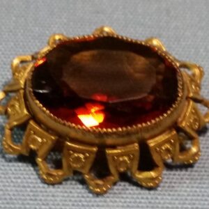 Antique Brass Brooch with Large Amber Color Stone