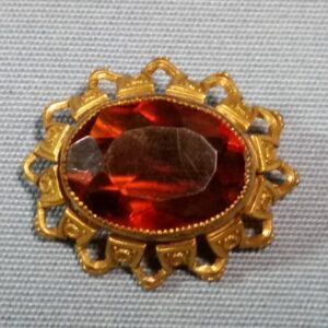 Antique Brass Brooch with Large Amber Color Stone