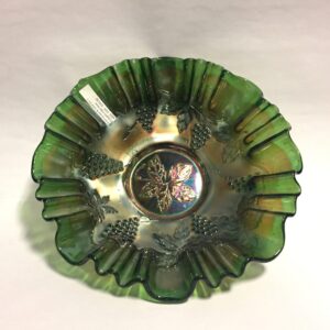 Green Carnival Glass Grape and Cable 3 in 1 Crimped Edge Bowl