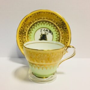 Aynsley Teacup and Saucer Green and Gold Reed's 50th Anniversary 1905-1955 Original Reed's China Sticker - Sample