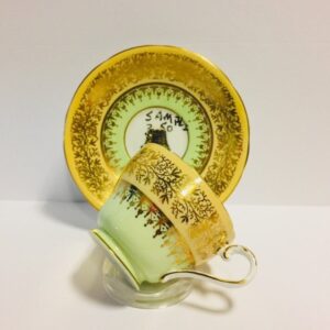 Aynsley Teacup and Saucer Green and Gold Reed's 50th Anniversary 1905-1955 Original Reed's China Sticker - Sample