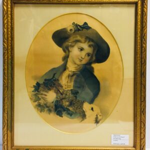 Hand Tinted Victorian Etching of Girl with Dog and Grapes, Gold Wooden Frame