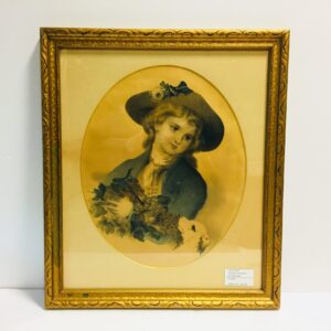 Hand Tinted Victorian Etching of Girl with Dog and Grapes, Gold Wooden Frame