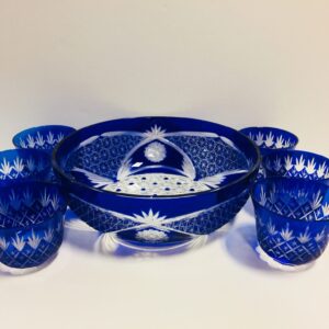 RARE Czech Bohemian Cobalt Cut Crystal Cut To Clear Berry Bowl 7-Piece Set