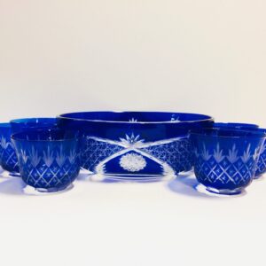 RARE Czech Bohemian Cobalt Cut Crystal Cut To Clear Berry Bowl 7-Piece Set