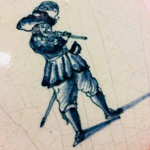 Antique Delft Wall Tile Minstrel Musician Blue and White Delftware Tile