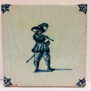 Antique Delft Wall Tile Minstrel Musician Blue and White Delftware Tile