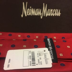 Nieman Marcus 100% Silk Tie, new with tags, original box; red with white and blue design