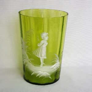 Victorian Mary Gregory Style Green Tumbler; Handpainted Juice Glass