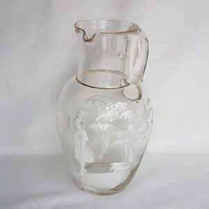 Mary Gregory Style Clear Glass Handblown Jug; Hand painted Pitcher