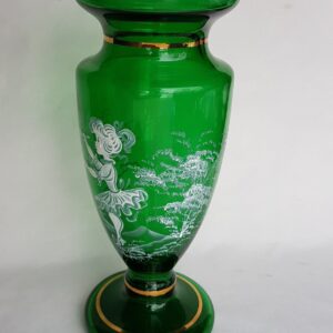 Mary Gregory Style Green Glass Vase with Gold Trim; 8 9/16" Tall Emerald Green Handpainted Vase