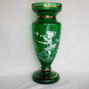 Mary Gregory Style Green Glass Vase with Gold Trim; 8 9/16" Tall Emerald Green Handpainted Vase