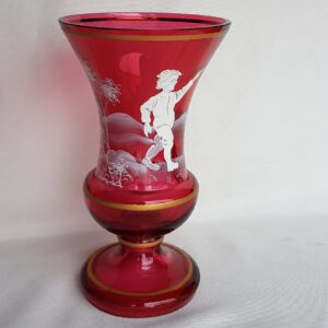 Mary Gregory Style Cranberry Glass Vase with Gold Trim; 6 1/8" Tall Handpainted Vase