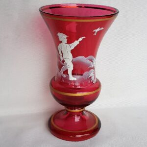 Mary Gregory Style Cranberry Glass Vase with Gold Trim; 6 1/8" Tall Handpainted Vase