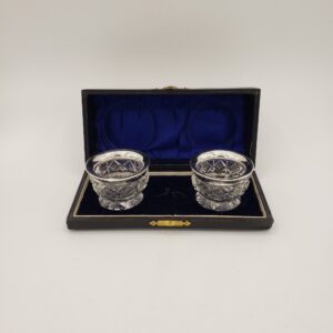 Pair Of Sterling Silver Rimmed Cut Glass Salt Cellars With Original Lined Box