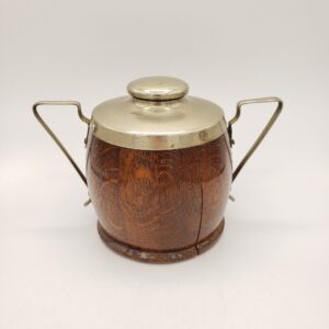 Antique Oak Barrel Caddy With Metal Lid and Handles