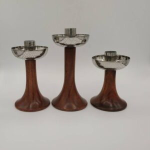 Mid Century MJ Rosewood and Spackled Chrome Candlesticks Set of 3, Mid Century Silver and Wood Candlesticks