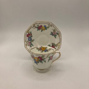 Royal Doulton China Cup and Saucer with Floral Pattern, Octagon Shape