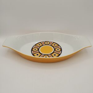 MCM Siena Ware Gratin Ovenware Dish, Geometric Pattern on Mustard Yellow, 13 inches, Oven Proof Porcelain