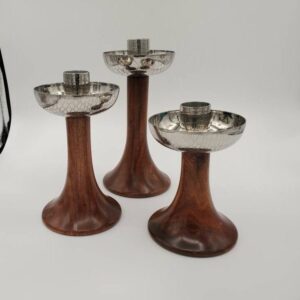 Mid Century MJ Rosewood and Spackled Chrome Candlesticks Set of 3, Mid Century Silver and Wood Candlesticks