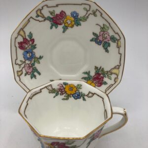 Royal Doulton China Cup and Saucer with Floral Pattern, Octagon Shape