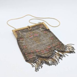 c. 1920s Vintage Art Deco Metal Mesh Beaded Evening Bag with Fringe / Made in France / As Found