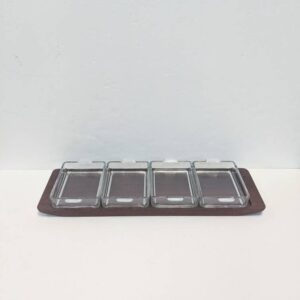 c. 1960s ARTIFORM (Denmark) Teak Serving Tray with 4 Glass Serving Dishes -- 5 PC Set