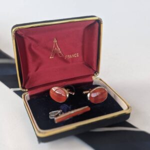 Vintage Silver Tone & Caramel Tone Cufflinks Marked "A-Look" with Tie Clip / in box