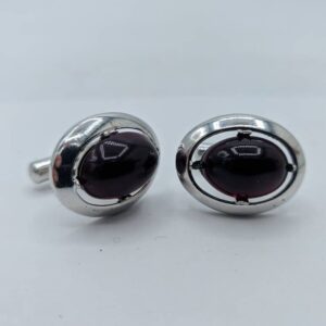 Silver Tone Cufflinks with Purple Oval Stone and Matching Tie Clip