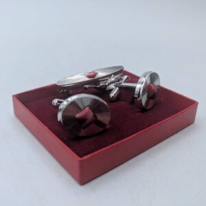 Silver Tone / Rhodium Cufflinks ribbed with Red/Pink Stone and Matching Tie Clip