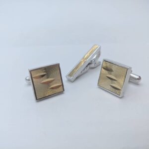 Silver & Gold Tone Rhodium Cufflinks Etched Square and Matching Tie Clip