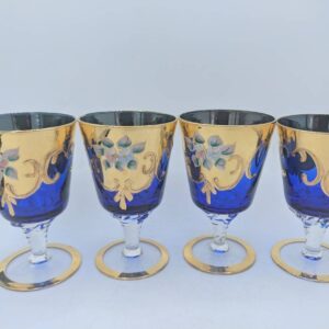 Set of 4 Hand Painted Bohemian Floral Cobalt Wine Glasses