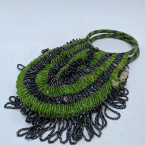 Antique Beaded Fringed Flapper Purse, green and black beads, round handle, made in Czechoslovakia