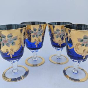 Set of 4 Hand Painted Bohemian Floral Cobalt Wine Glasses