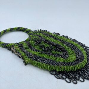 Antique Beaded Fringed Flapper Purse, green and black beads, round handle, made in Czechoslovakia