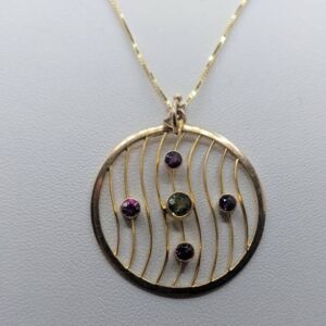 Antique 9k yellow gold SUFFRAGETTE pendant Peridot & Amethyst gems, 10k yellow gold chain, 1200 appraisal