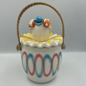 Vintage ESD Japan Clown Cookie Jar with Bamboo Handle  - Hand Painted, As Found