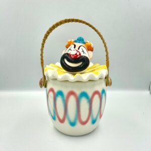 Vintage ESD Japan Clown Cookie Jar with Bamboo Handle  - Hand Painted, As Found