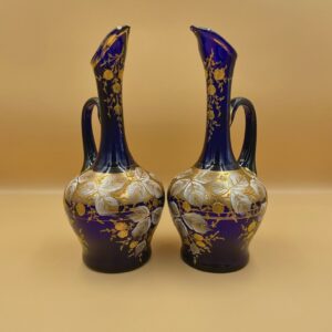 Pair of Gorgeous Antique Cobalt Ewers, Possibly Bohemian, with Gold and White Hand Painted Overlay