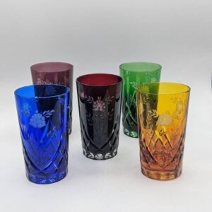 Set of 5 Vintage Arnstadt Crystal Multi Colored Jewel Tone Tumblers; Cobalt, Ruby, Emerald, Amethyst, Amber