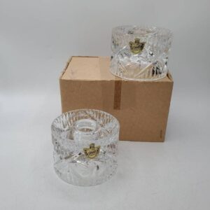 NIB Pair of Vintage Belfour Short Handcut Lead Crystal Candlesticks With Box, Made in Czechoslovakia, With Stickers