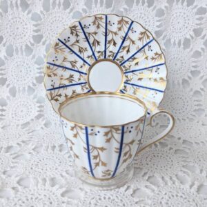 RARE Vintage ROYAL CHELSEA Tea Cup & Saucer, gold leaves, blue lines