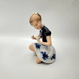 Vintage Wallendorf Cobalt Figurine of a Girl Kneeling While Holding Flowers