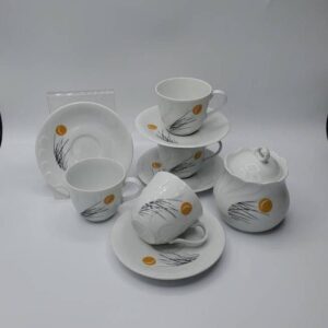 Set of 4 Wawel Poland Porcelain Demitasse Cups and Saucers, Plus Sugar Bowl and Lid, Black Reeds and Moon Design