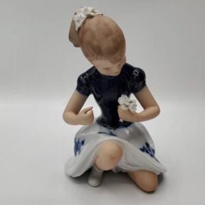 Vintage Wallendorf Cobalt Figurine of a Girl Kneeling While Holding Flowers